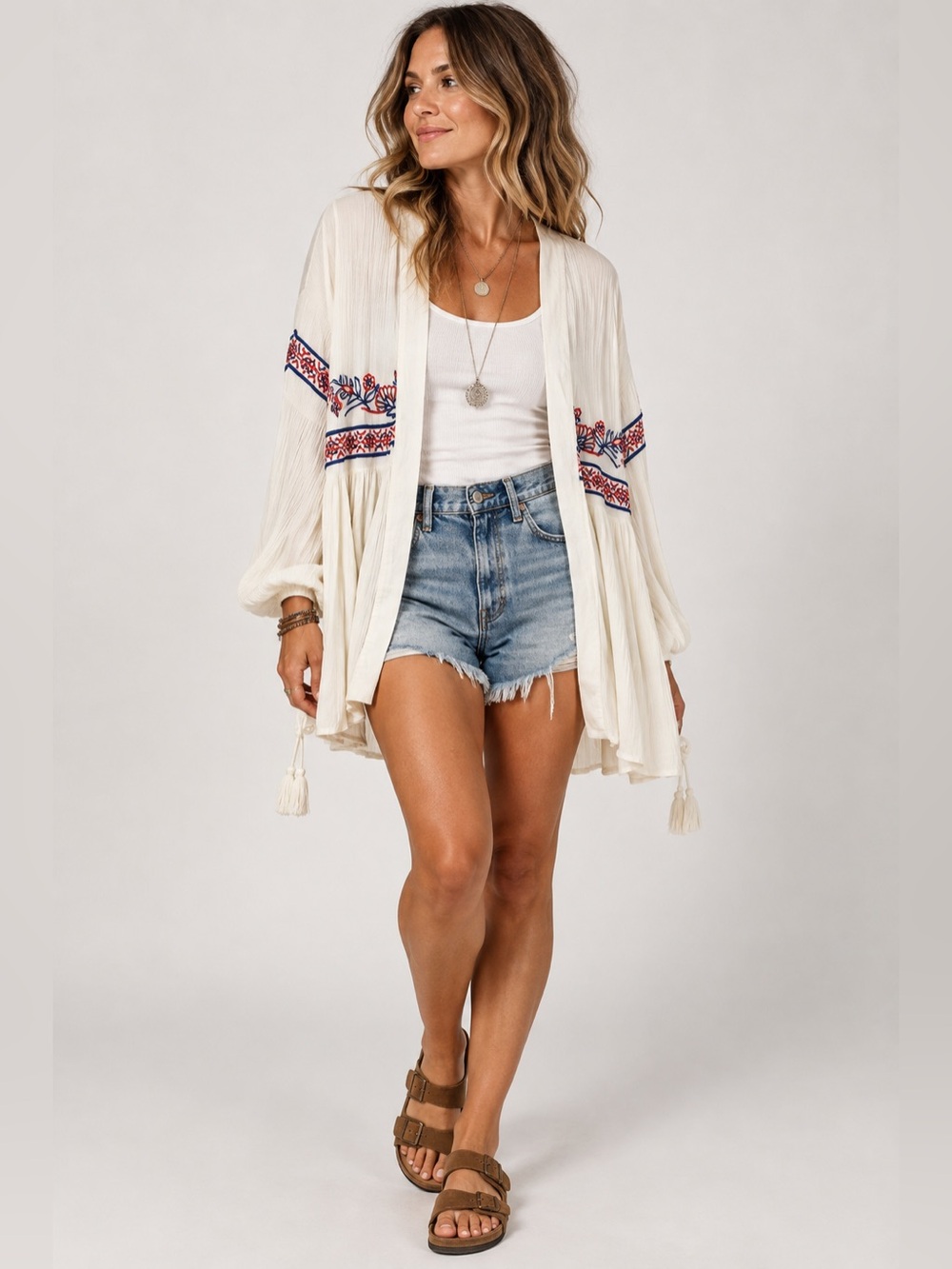 River Island Off White Embroidered Cardigan Flowy Beach Coverup Open Front S - Picture 1 of 10